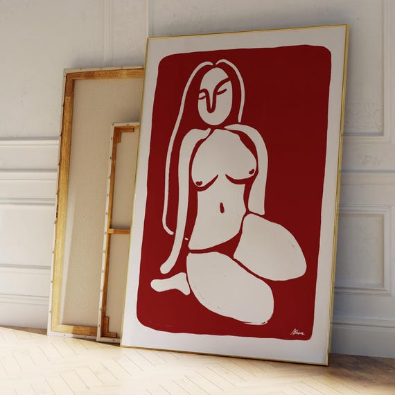 Abstract Woman No3 Burgundy Red Modern Art Minimalist Mid Century Matisse Inspired Wall Trendy Home Decor