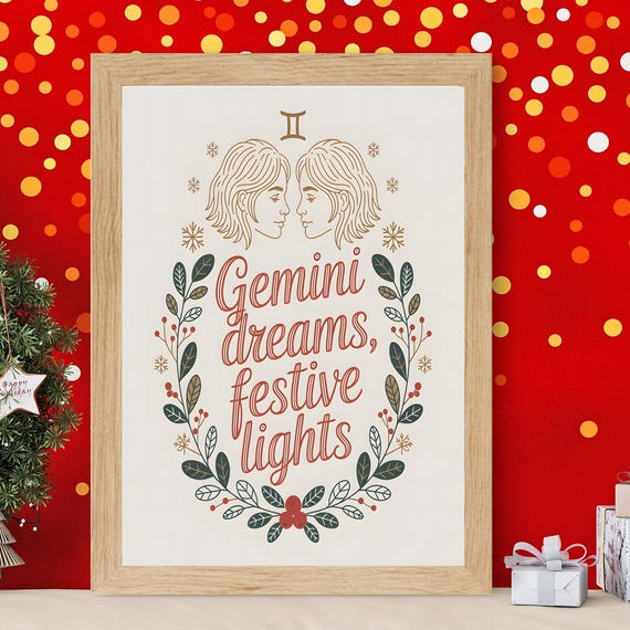 Gemini Zodiac Christmas Art Print, Holiday Gift