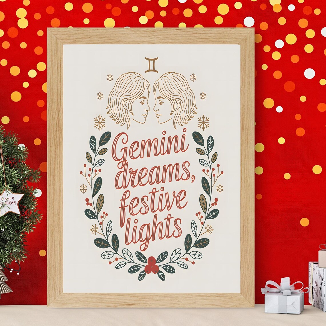 Gemini Zodiac Christmas Art Print, Holiday Gift