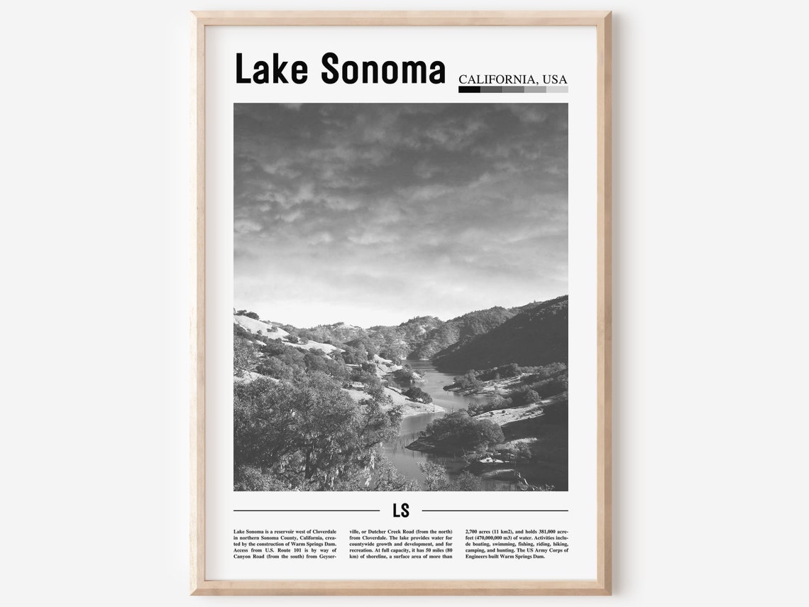 Lake Sonoma Poster Black And White Lake Sonoma Print Black And White Lake Sonoma Wall Art Minimal Travel Print Travel Poster