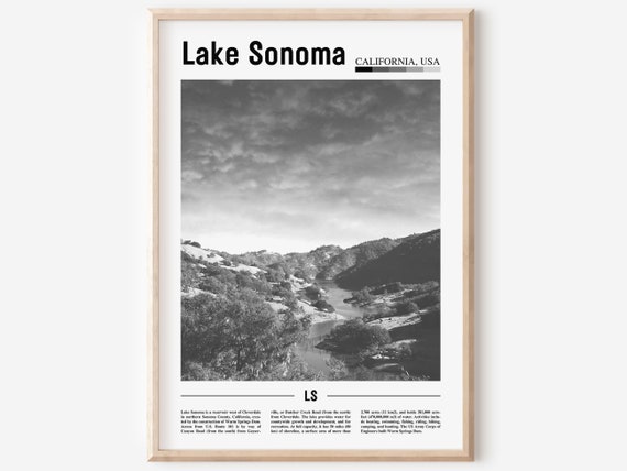 Lake Sonoma Poster Black And White Lake Sonoma Print Black And White Lake Sonoma Wall Art Minimal Travel Print Travel Poster