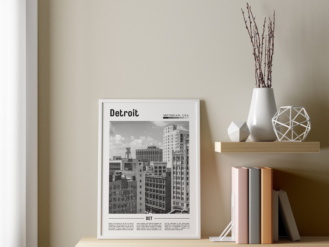 Detroit Black And White Minimal Travel Poster - Image 3