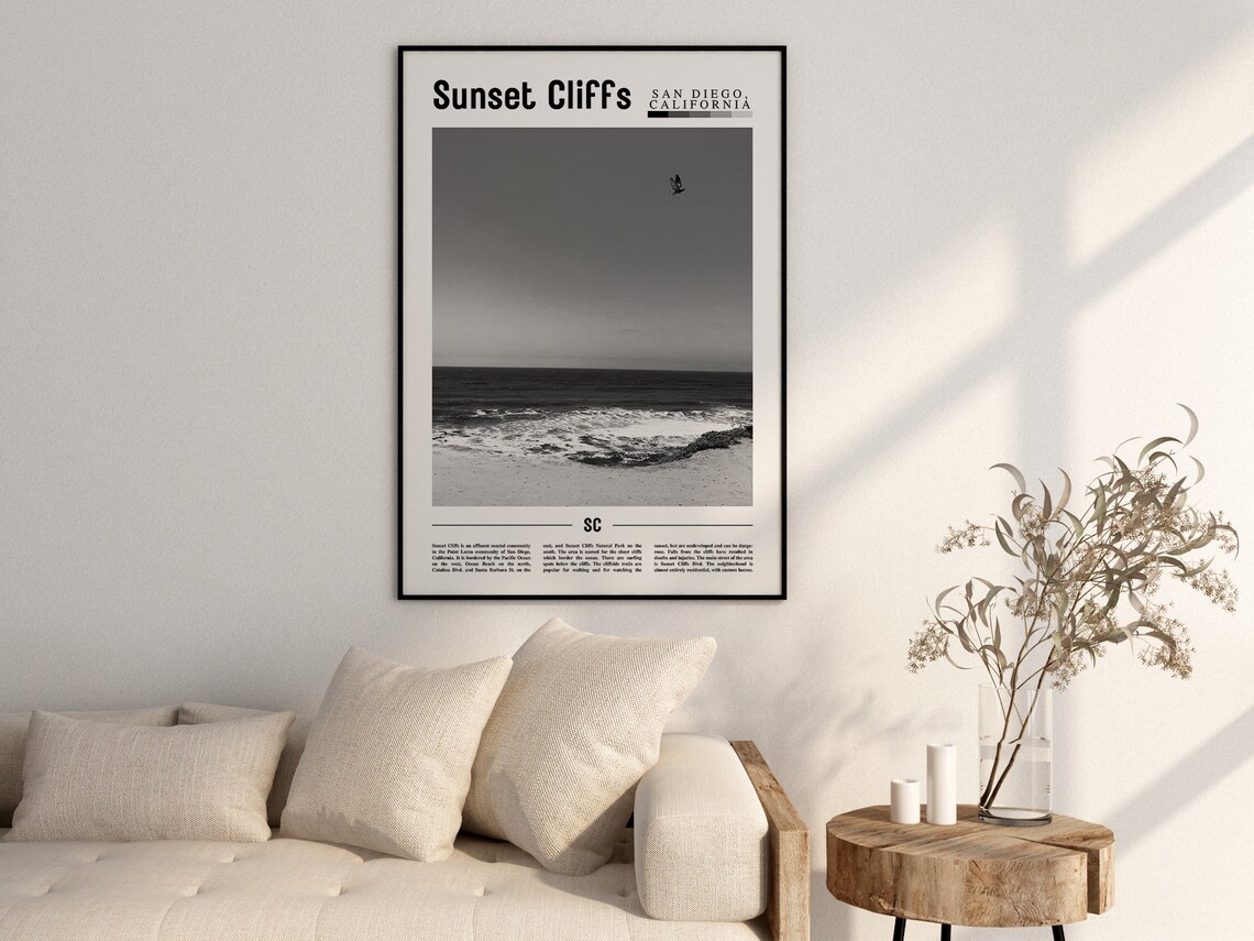 Sunset Cliffs Poster Black And White Sunset Cliffs Print Black And White Sunset Cliffs Wall Art Minimal Travel Print Travel Poster - Image 2
