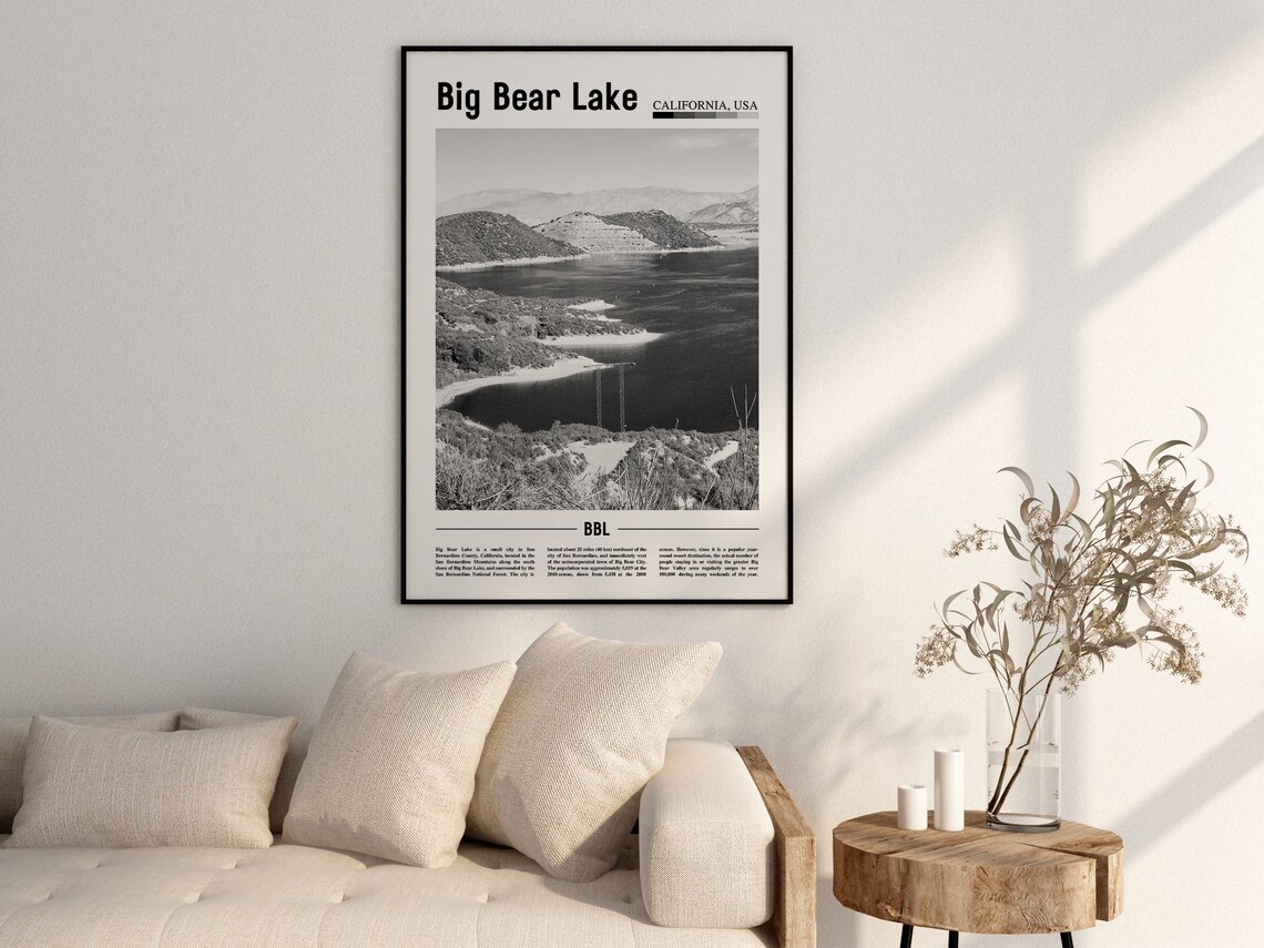 Big Bear Lake Mountain Lake Panorama Black and White Travel Poster - Image 2