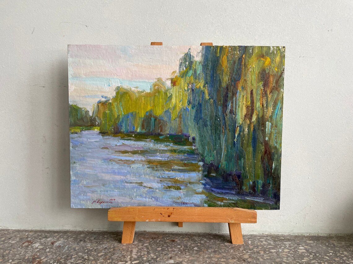 River Willow Trees Impressionist Oil Painting Original Landscape Art