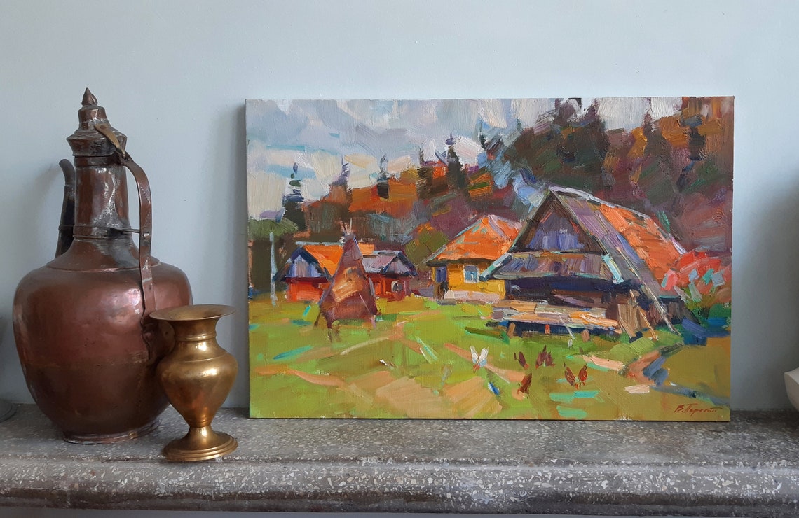 Carpathian Mountain Huts Rustic Village Impressionist Oil Painting Art - Image 4
