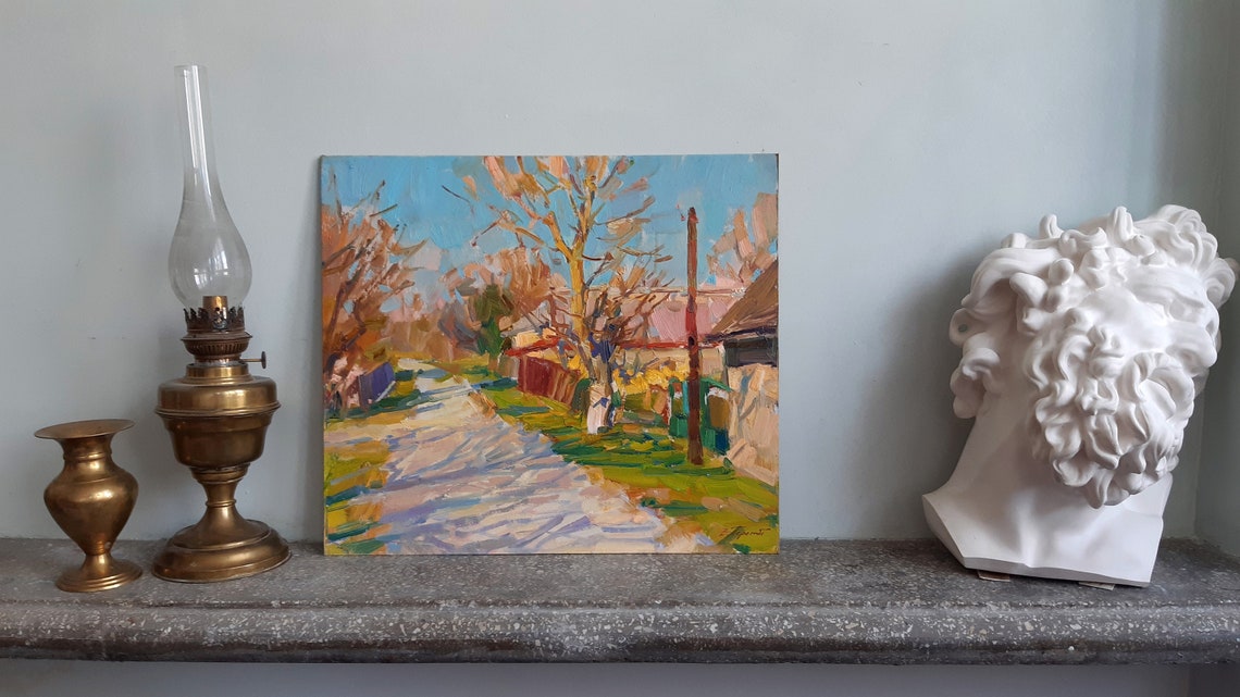 Rural Village Road Spring Blossom Trees Impressionist Oil Painting - Image 3