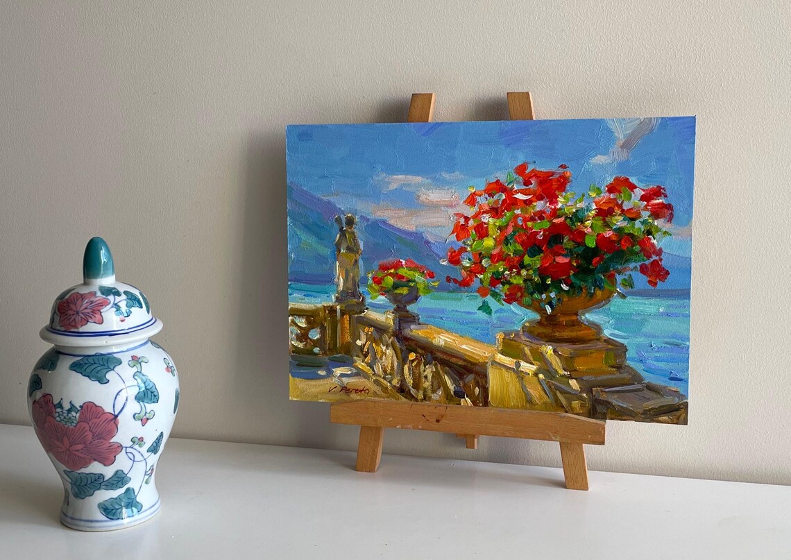 Mediterranean Terrace Red Geraniums Sea View Oil Painting Coastal Art - Image 3
