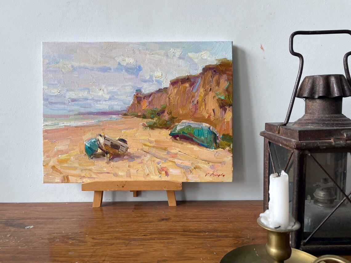 Beach Cliffs Fishing Boats Seaside Impressionist Oil Painting Art - Image 5