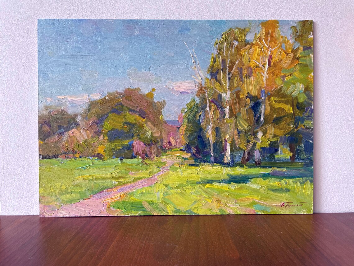 Green Meadow Path Golden Birch Trees Spring Oil Painting Landscape Art - Image 4