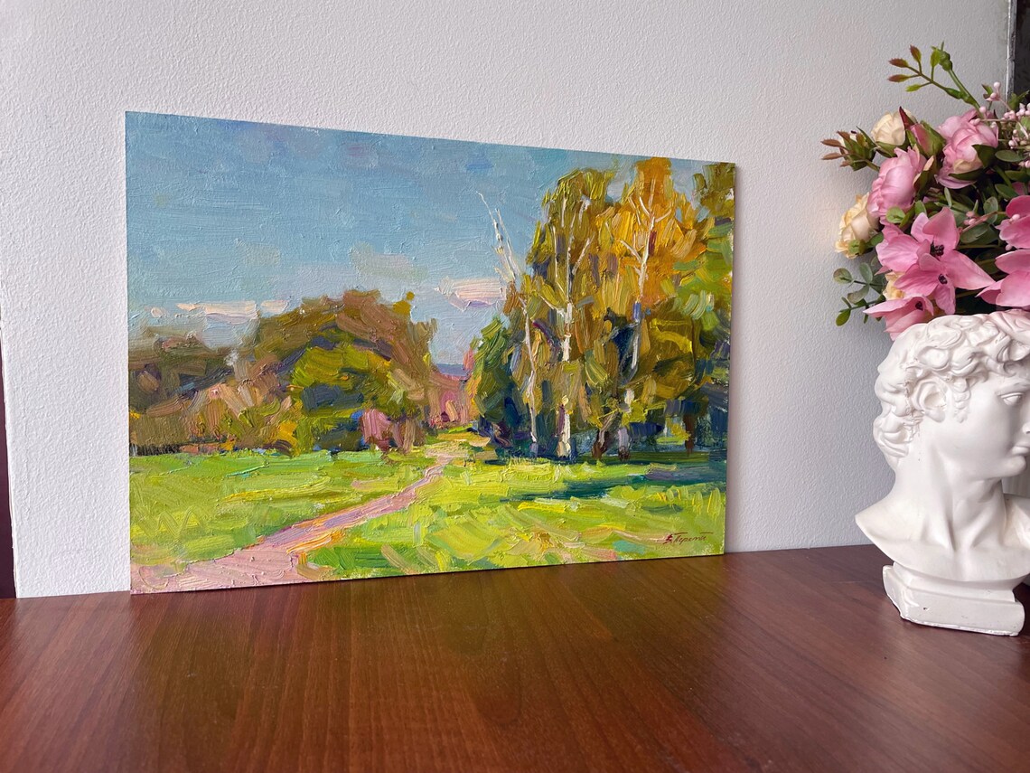 Green Meadow Path Golden Birch Trees Spring Oil Painting Landscape Art - Image 2