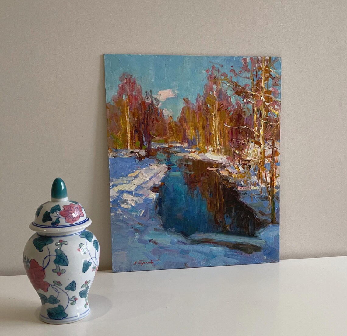 Winter Forest River Snow Banks Blue Water Impressionist Oil Painting - Image 4