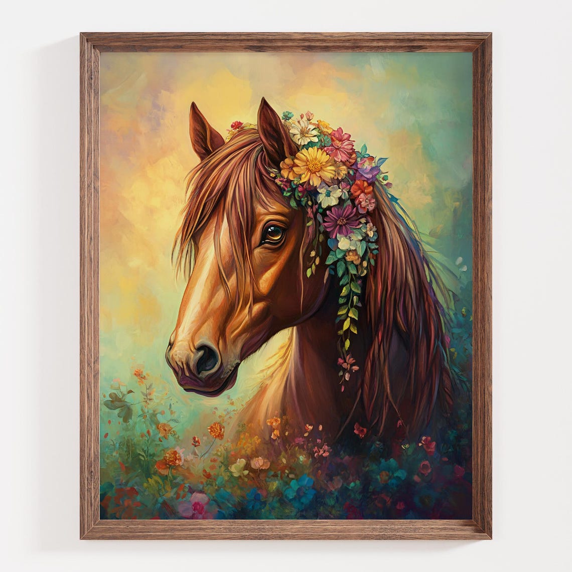 Chestnut Horse Wearing a Flower Crown Boho Equine Art Poster - Image 3