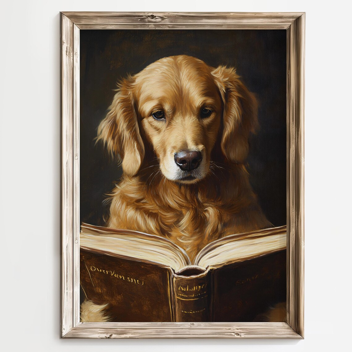 Golden Retriever Reading an Open Book Cozy Library Portrait Poster - Image 2