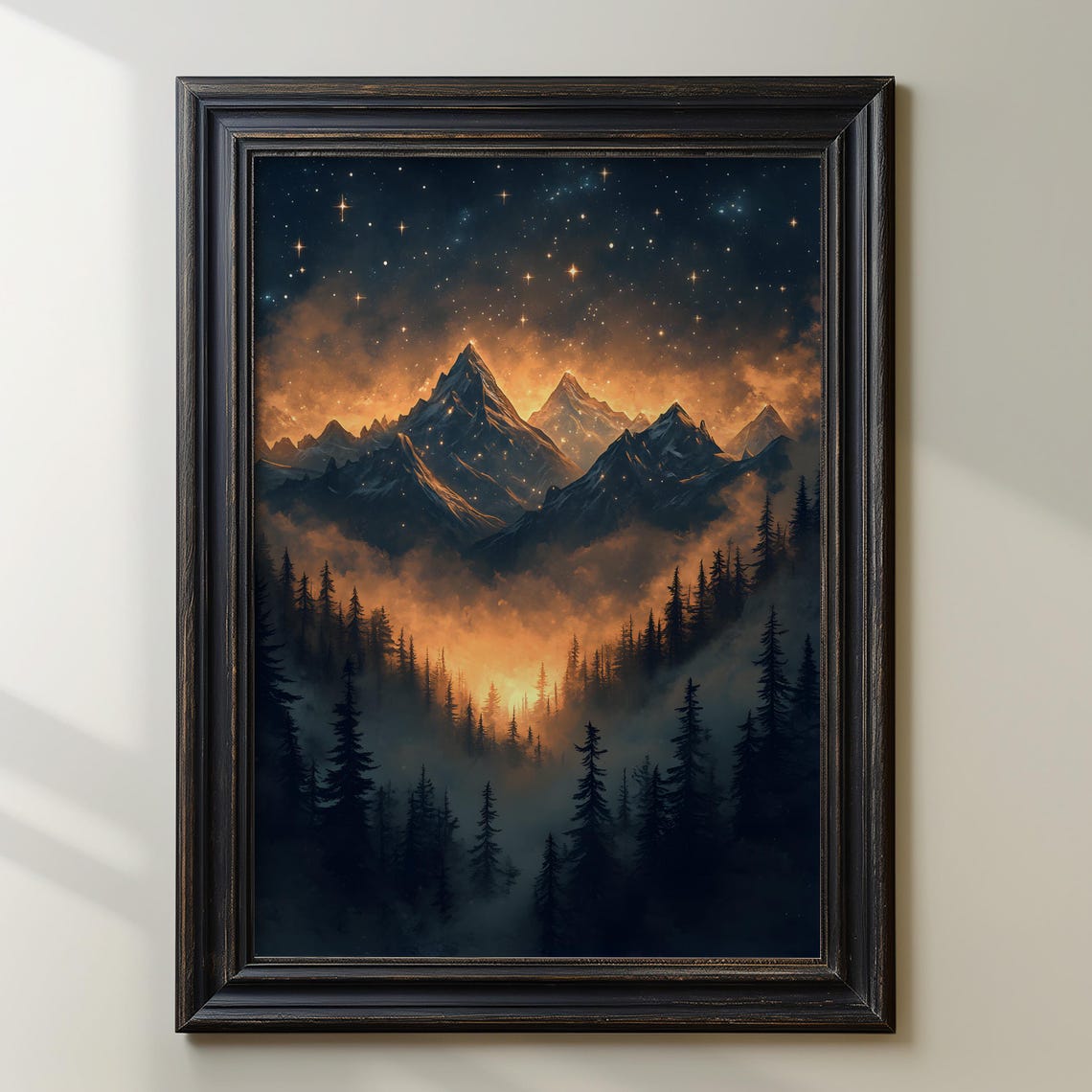 Mystical Mountain Landscape Print Fantasy Night Sky Art Glowing Forest Painting Celestial Starscape Decor Surreal Nature Wall Art