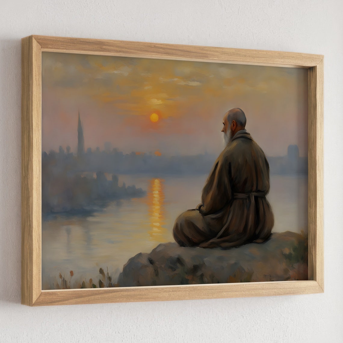 Meditating Monk Watching the Sunset Over a Calm River Poster - Image 3