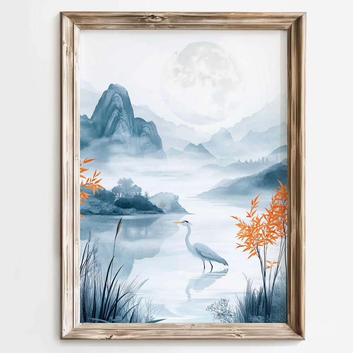 White Heron Standing by a Moonlit Lake with Orange Bamboo Poster