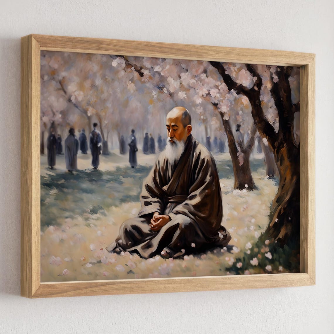 Elderly Monk Meditating Beneath Cherry Blossom Trees in Spring Poster