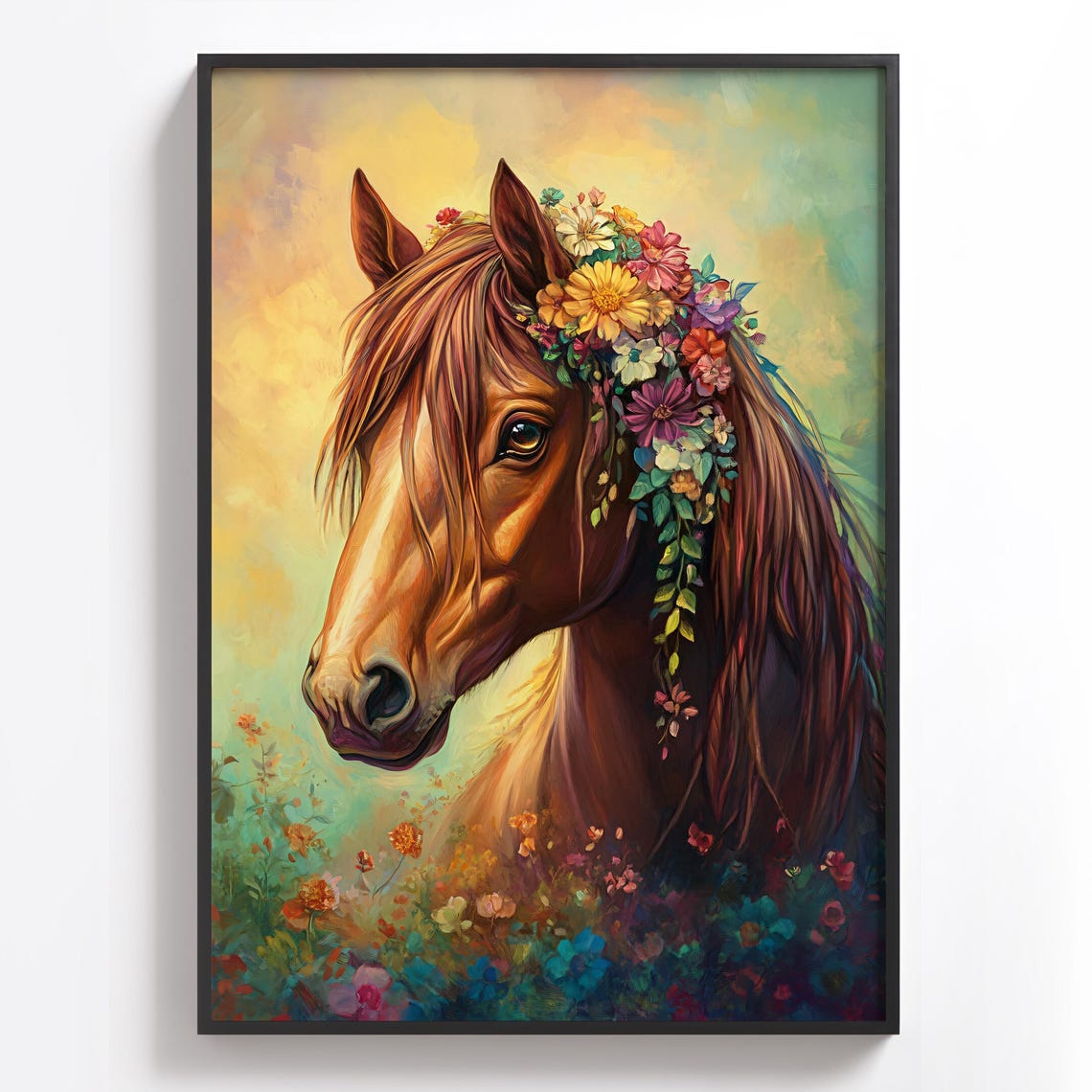 Chestnut Horse Wearing a Flower Crown Boho Equine Art Poster - Image 2