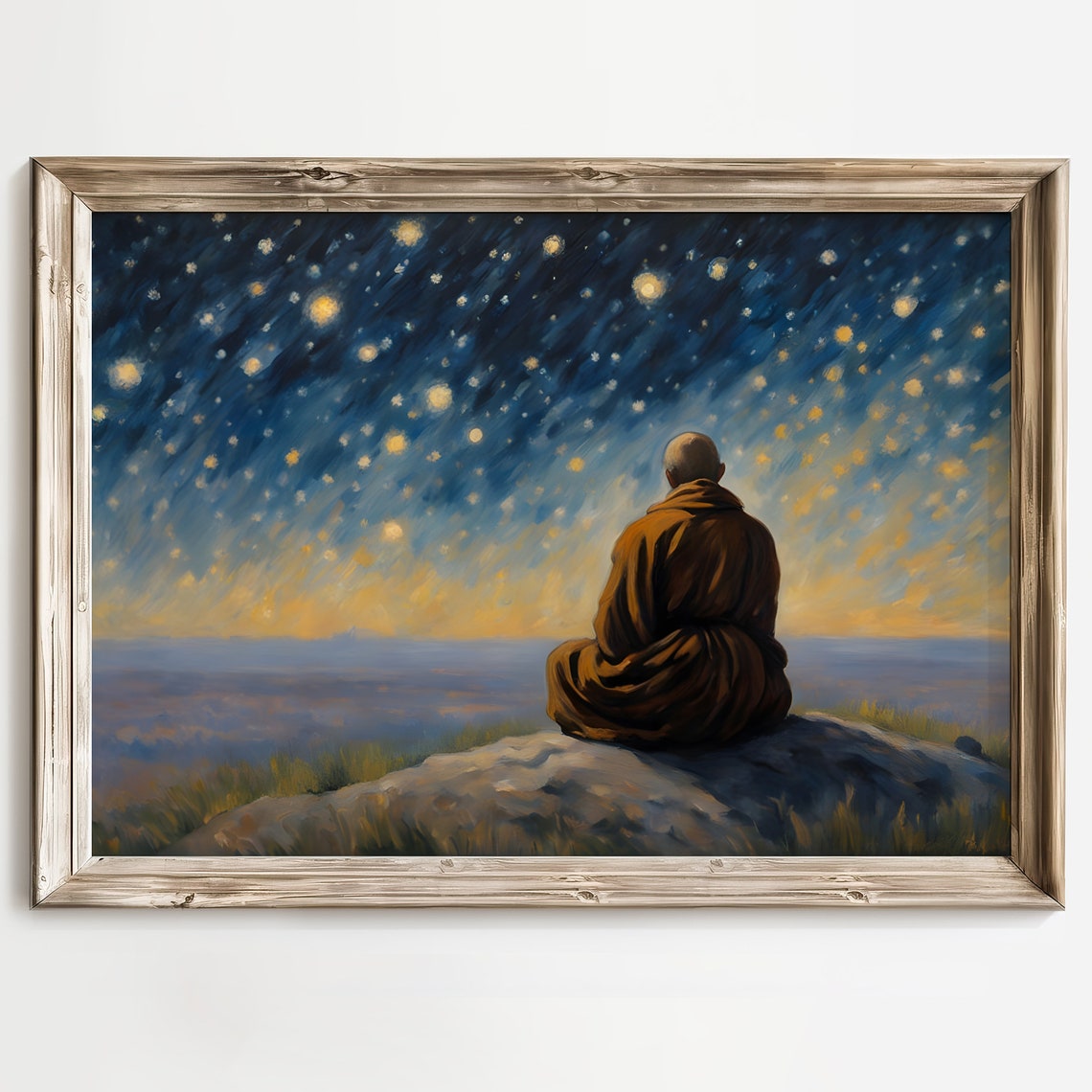 Echoes Of Eternity Spiritual Zen Home Decor Starry Night Print Meditating Monk Tranquil Nature Scene Prints Serene Landscape Poster - Image 2