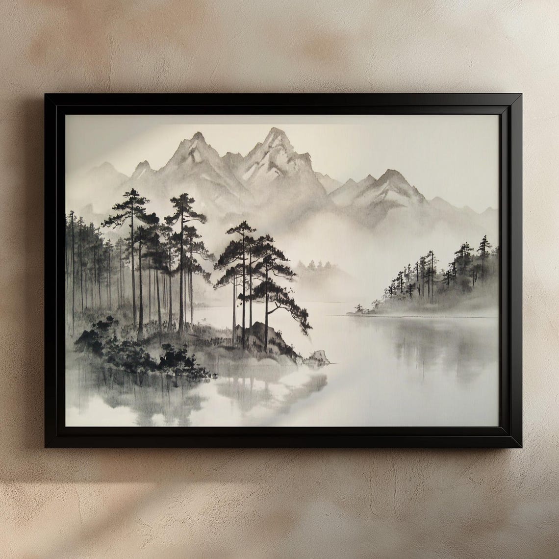 Misty Sumi E Mountain Lake with Pine Trees Ink Painting Poster - Image 2