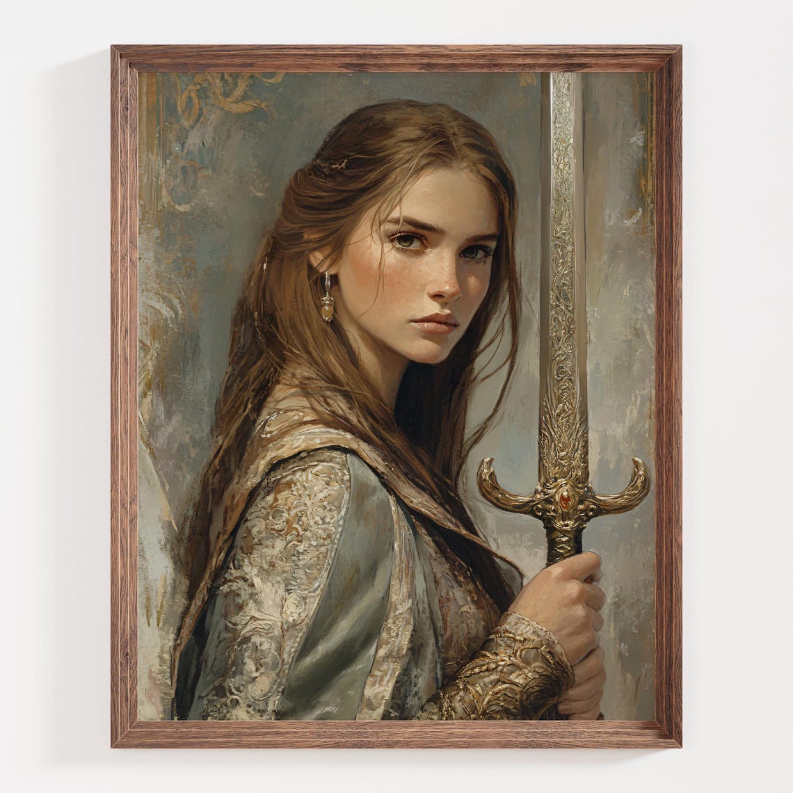 Brave Warrior Woman Holding an Ornate Golden Sword Fantasy Poster - Image 3