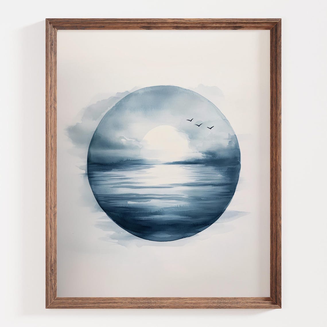 Blue Watercolor Ocean Circle with Flying Seagulls Minimal Poster - Image 4