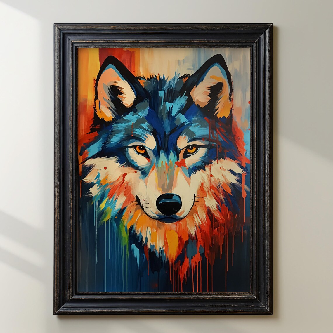 Vibrant Abstract Wolf Portrait Blue And Orange Wildlife Painting Poster - Image 3