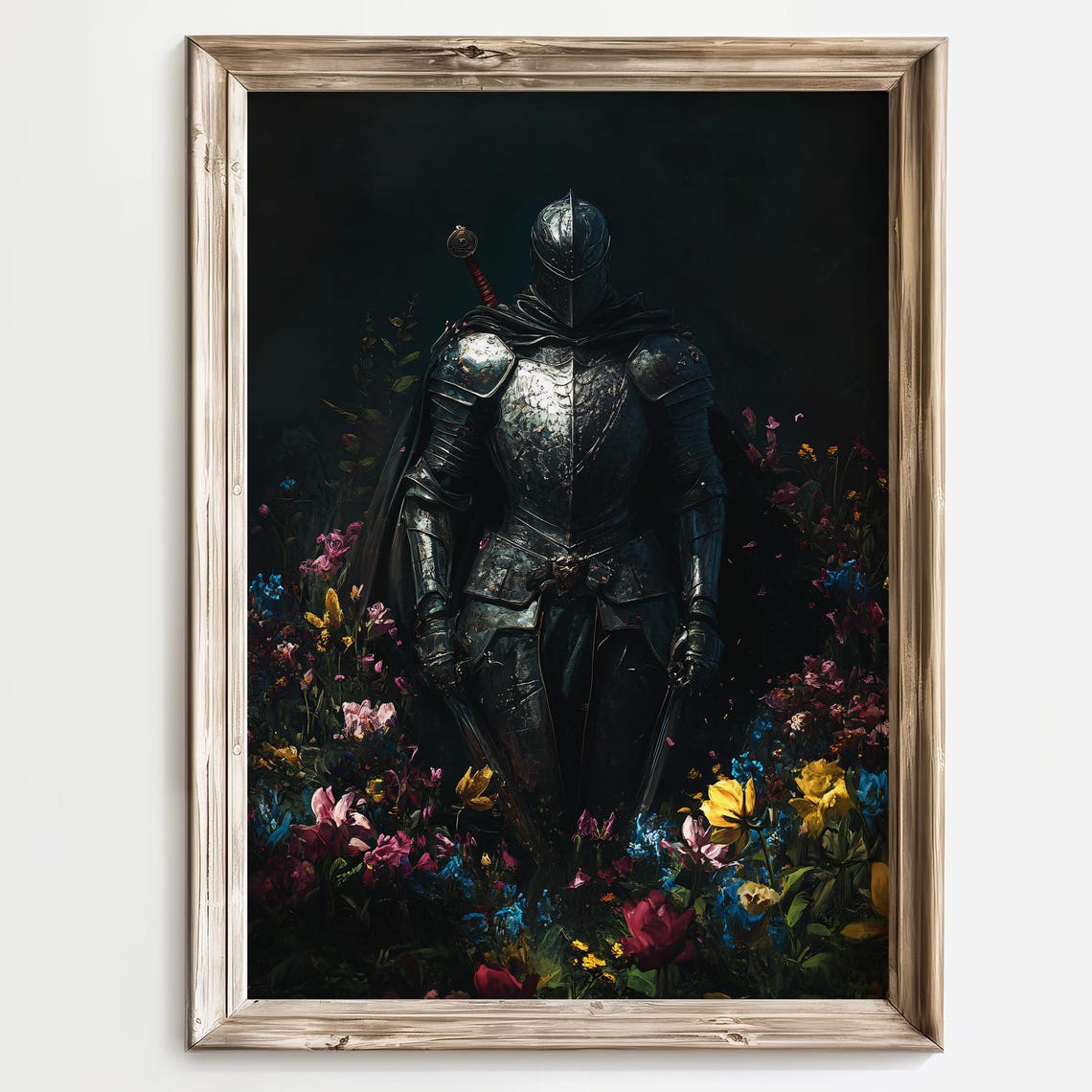 Dark Knight in Armor Standing Among Colorful Wildflowers Poster - Image 2