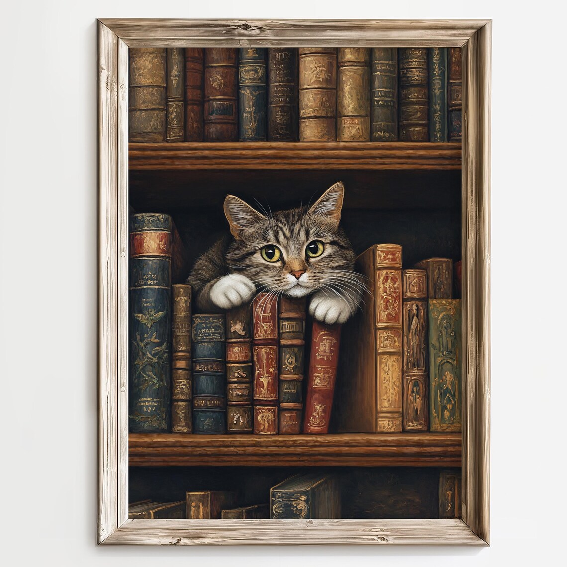 Cat In Bookshelf Vintage Library Art Print - Image 2