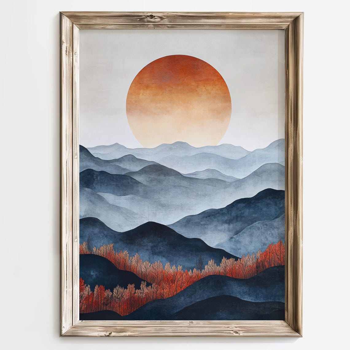 Layered Blue Mountains with a Giant Orange Sun Abstract Print - Image 4