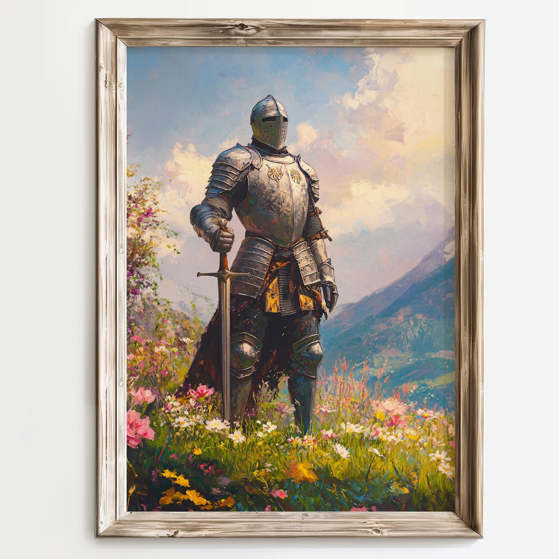 Medieval Knight in Full Armor Standing in a Wildflower Meadow Poster - Image 2