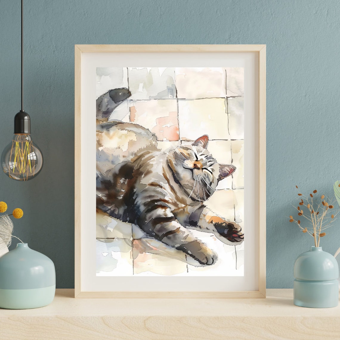 Sleepy Tabby Cat Watercolor Cozy Napping Home Decor Art Poster - Image 3