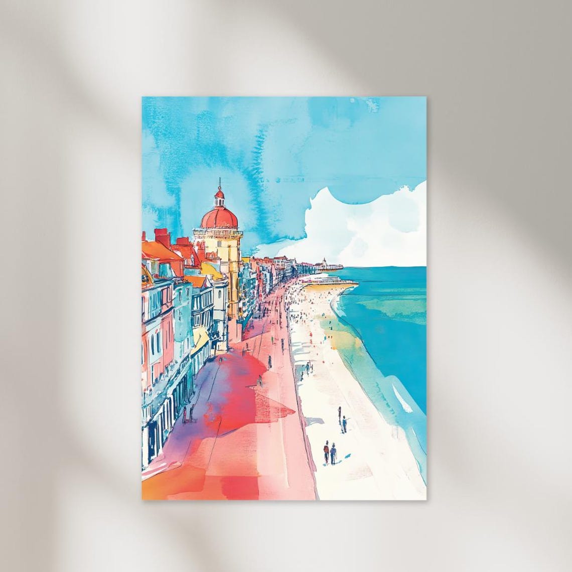 Brighton Beach Waterfront Promenade Red Dome Watercolor Poster
