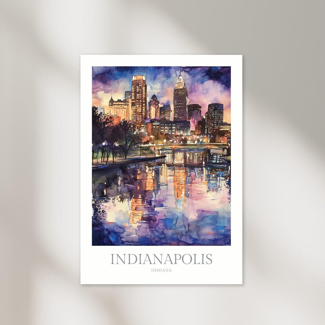 Indianapolis Indiana Night Skyline Watercolor City Travel Poster