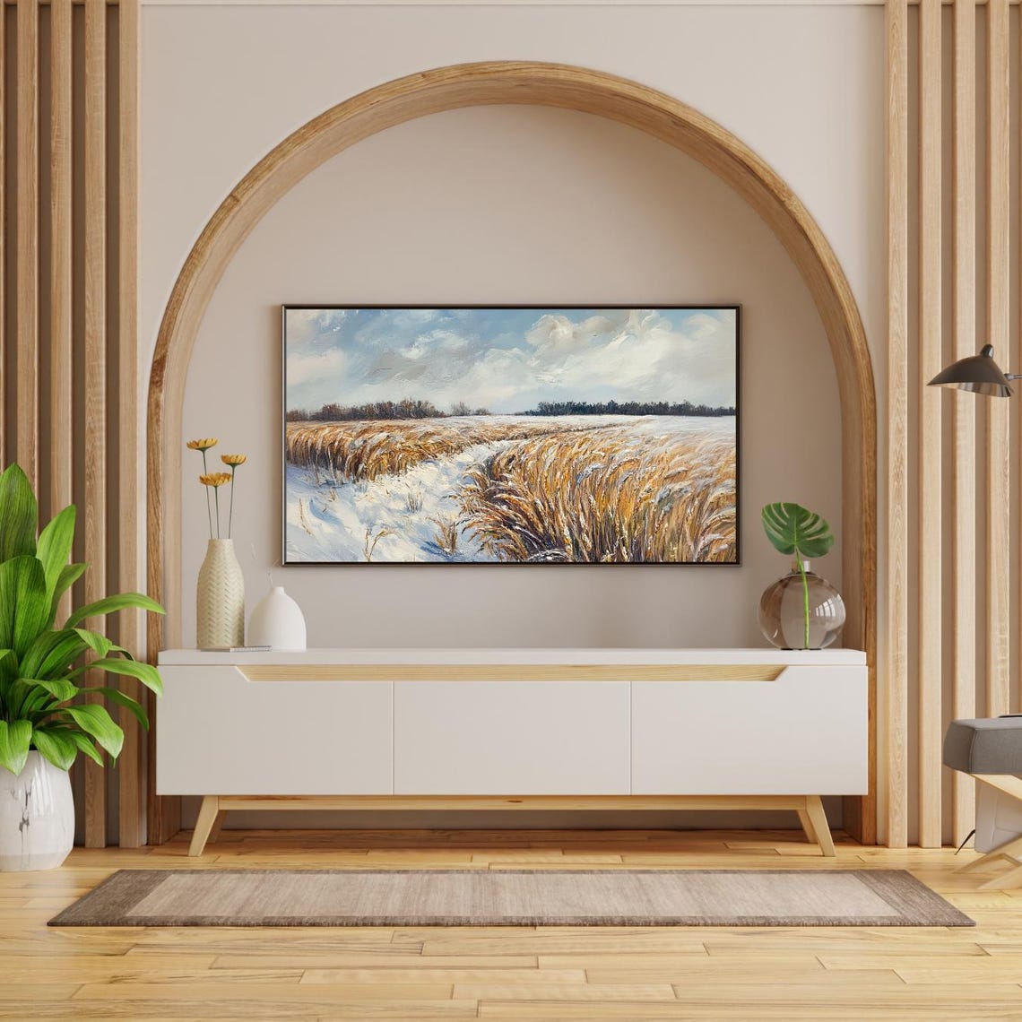 Golden Winter Wheat Field Snow Impressionist Landscape Frame Poster - Image 2