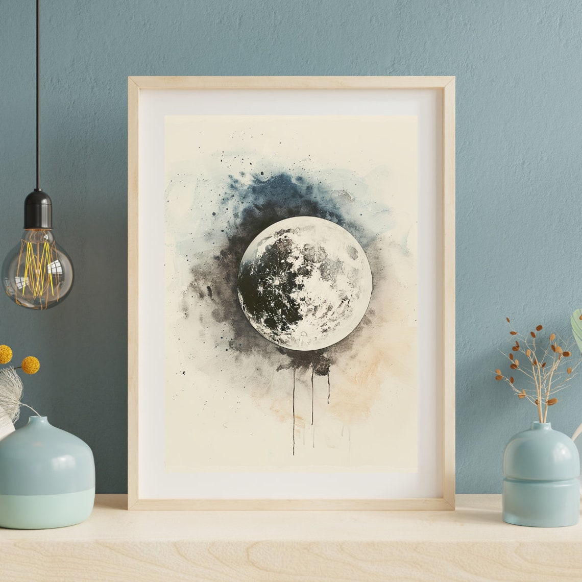 Monochrome Full Moon Ink Splatter Minimalist Black White Poster Art - Image 3