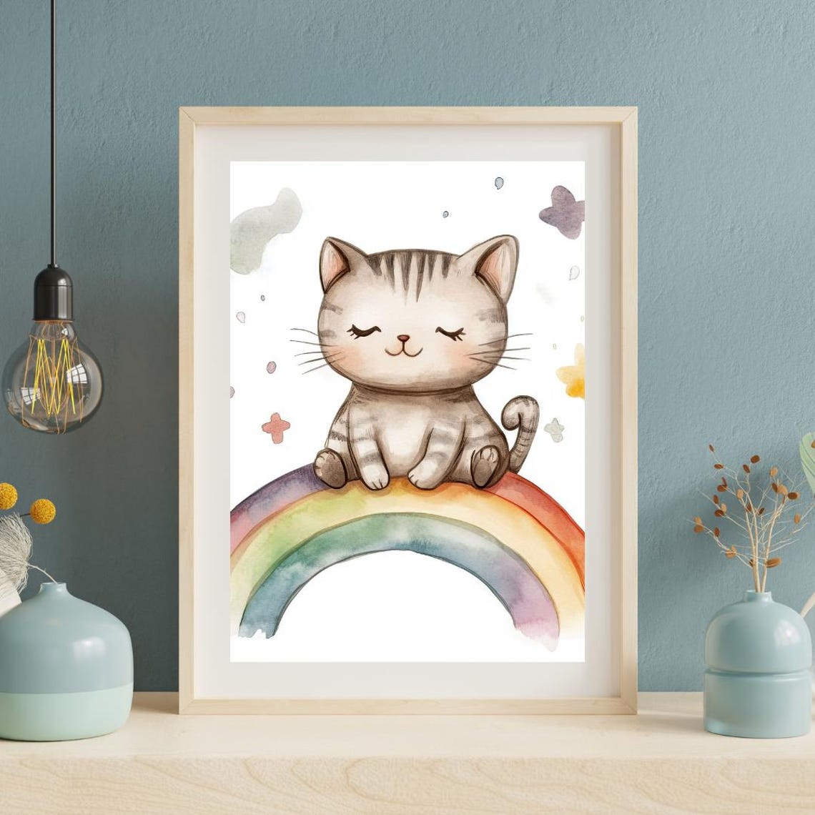 Cute Sleepy Kitten Rainbow Watercolor Nursery Kids Room Wall Art - Image 2