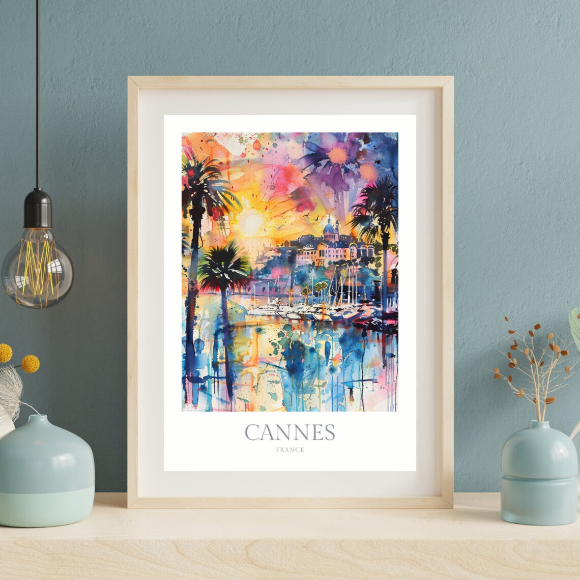 Cannes France Harbor Sunset Palm Trees Watercolor Travel Poster - Image 2