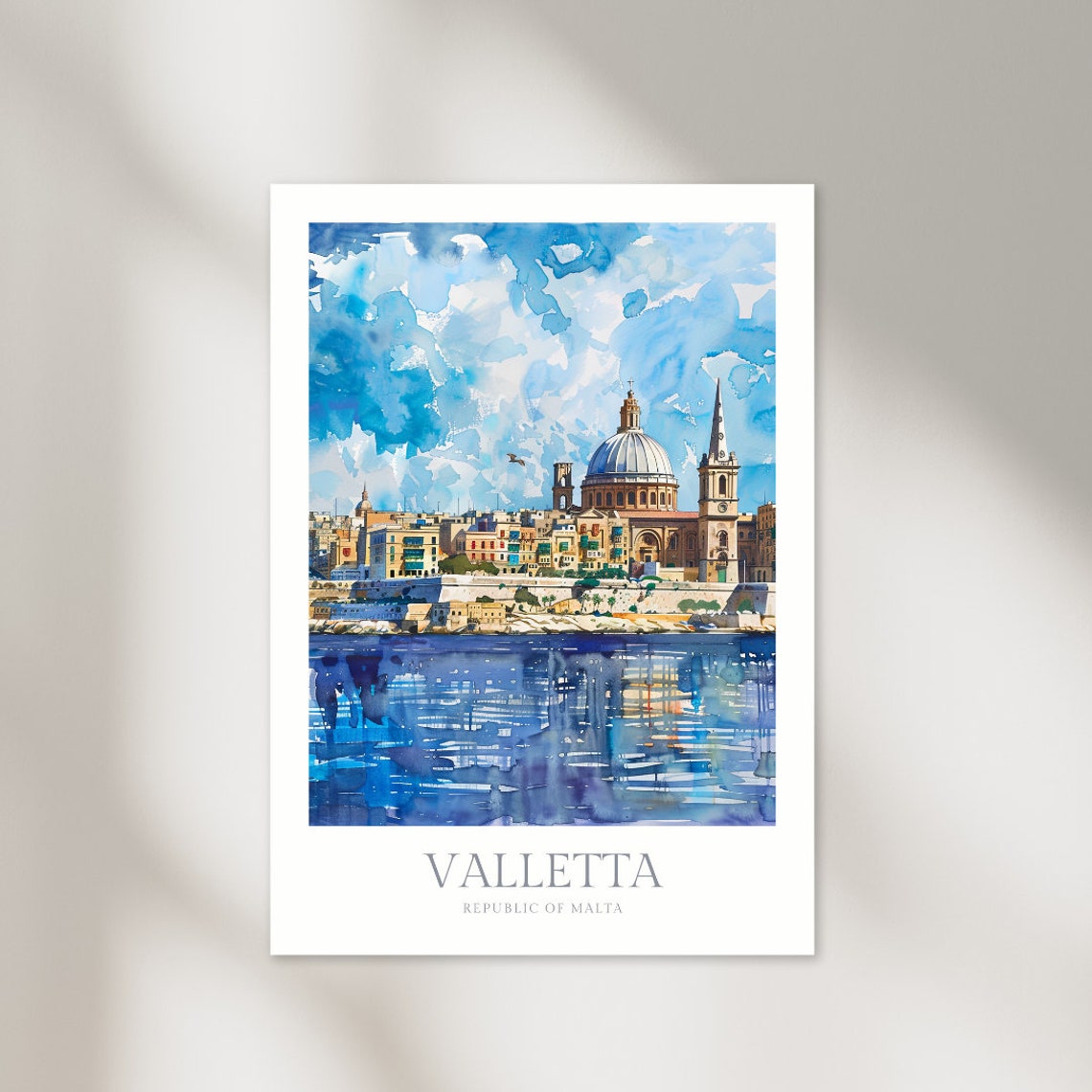 Valletta Malta Harbor Skyline Domed Cathedral Watercolor Poster