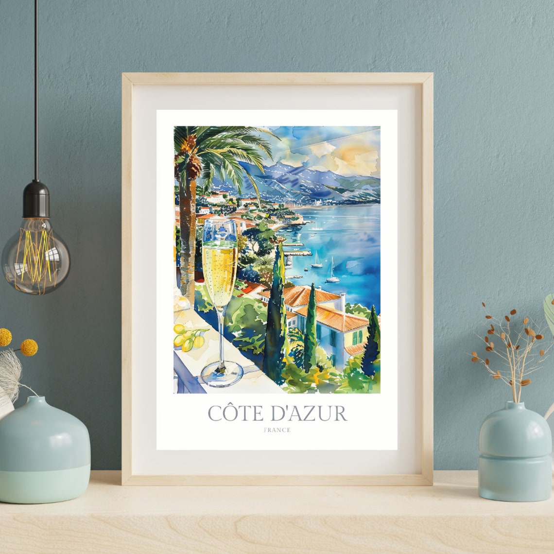 Cote dAzur France Watercolor Riviera Balcony Champagne View Poster - Image 2