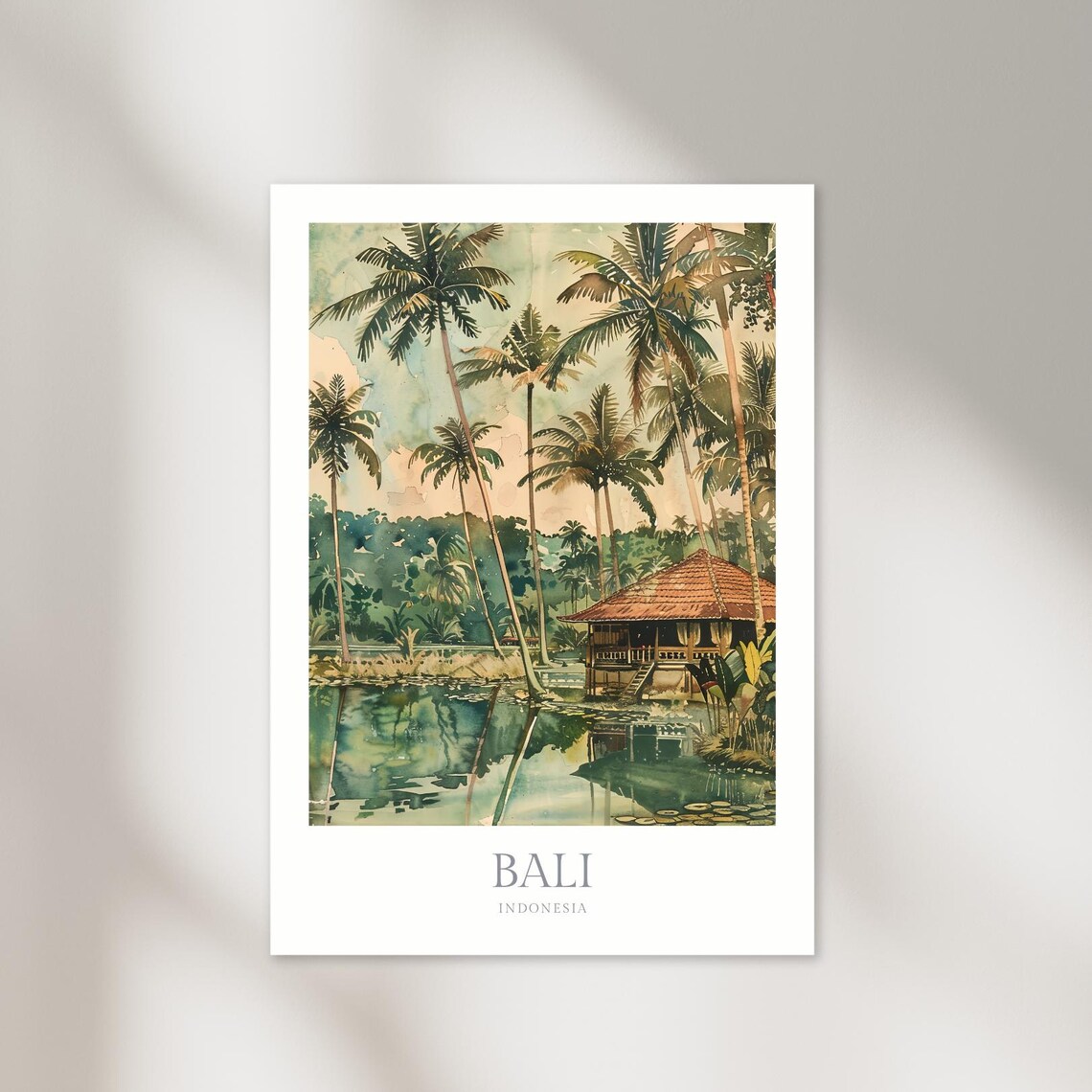 Bali Indonesia Tropical Palm Lagoon Watercolor Travel Art Poster