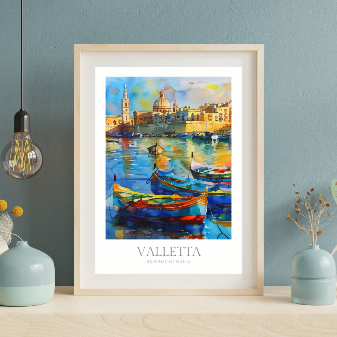 Valletta Malta Watercolor Travel Poster, Maltese Boats - Image 2
