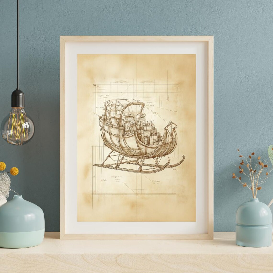 Vintage Sleigh Sketch Christmas Art Print - Image 2