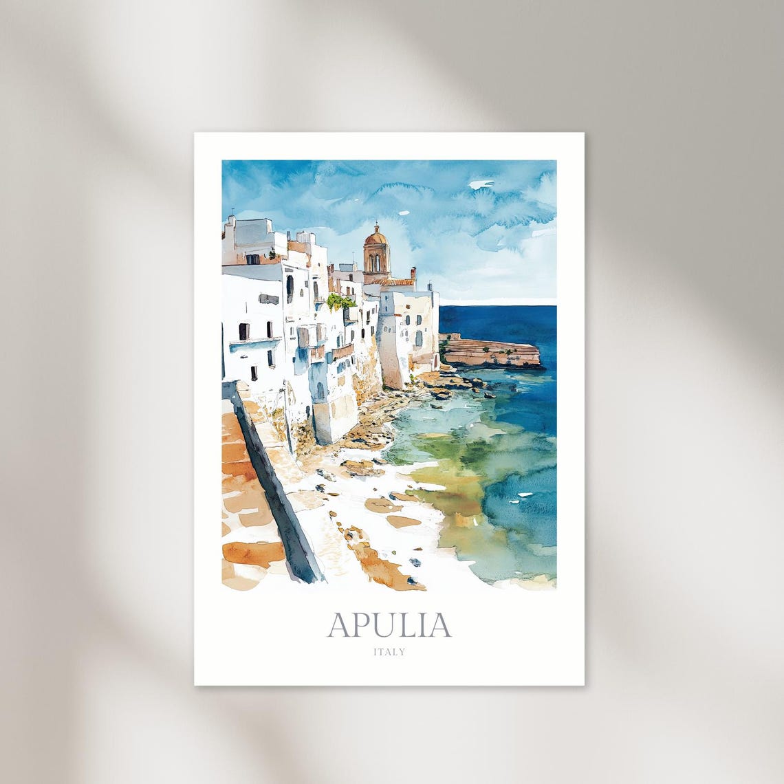Apulia Italy Watercolor Coastal Town Whitewash Church Tower Poster