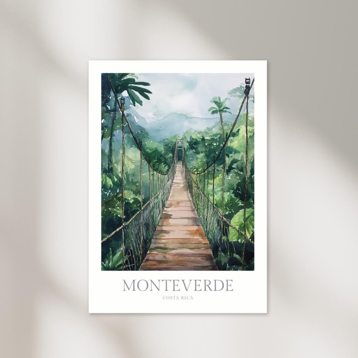 Monteverde Costa Rica Watercolor Poster, Travel Art