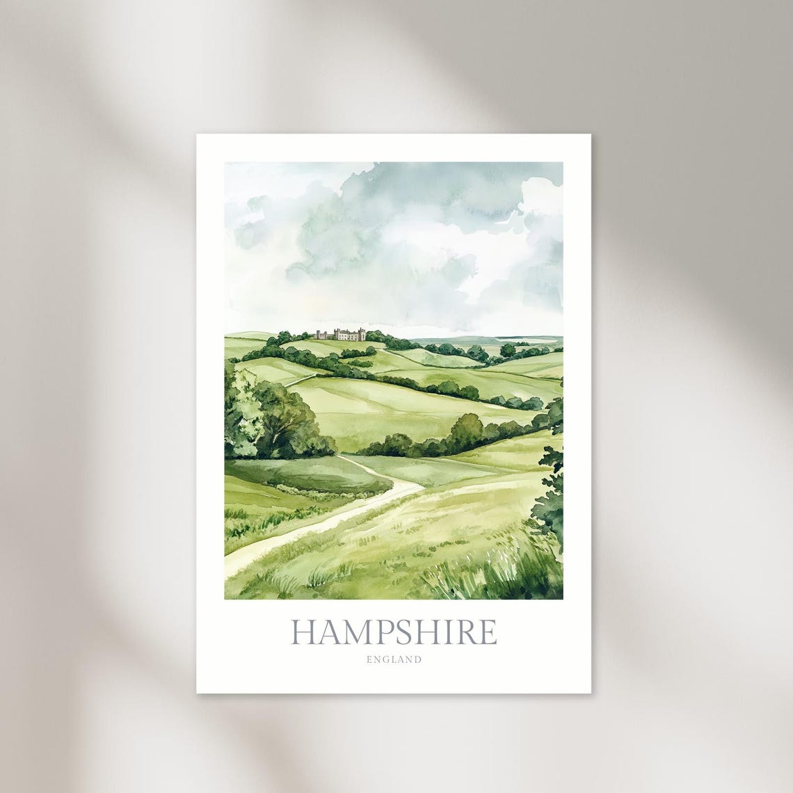 Hampshire England Rolling Green Hills Watercolor Nature Poster