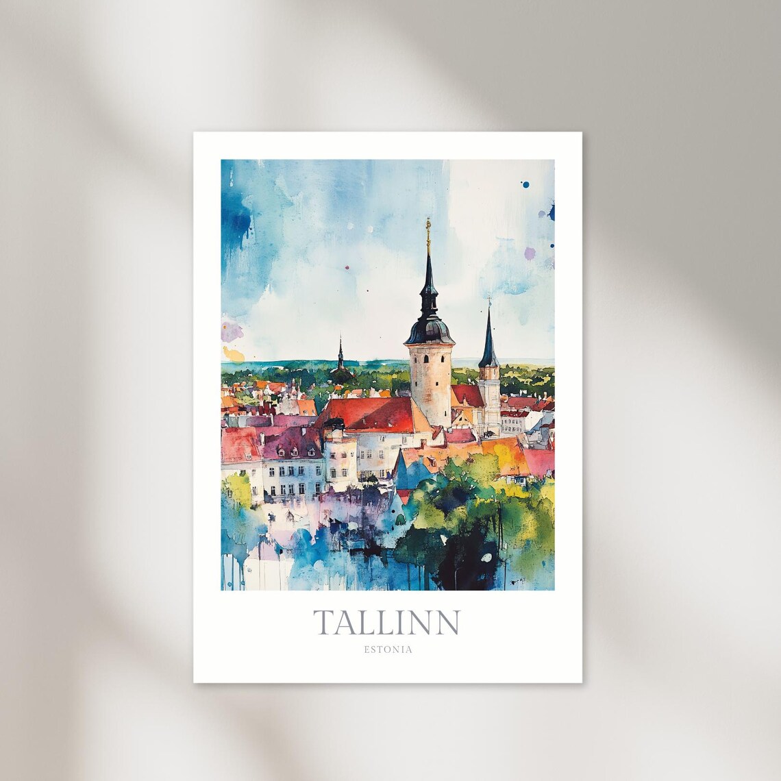 Tallinn Estonia Old Town Church Spires Watercolor Travel Poster