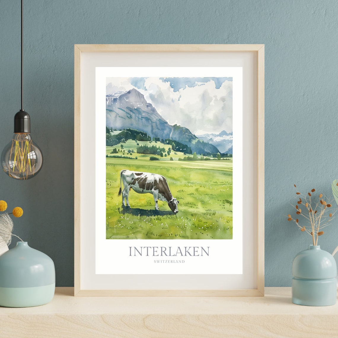 Interlaken Switzerland Alpine Meadow Cow Watercolor Travel Poster - Image 2