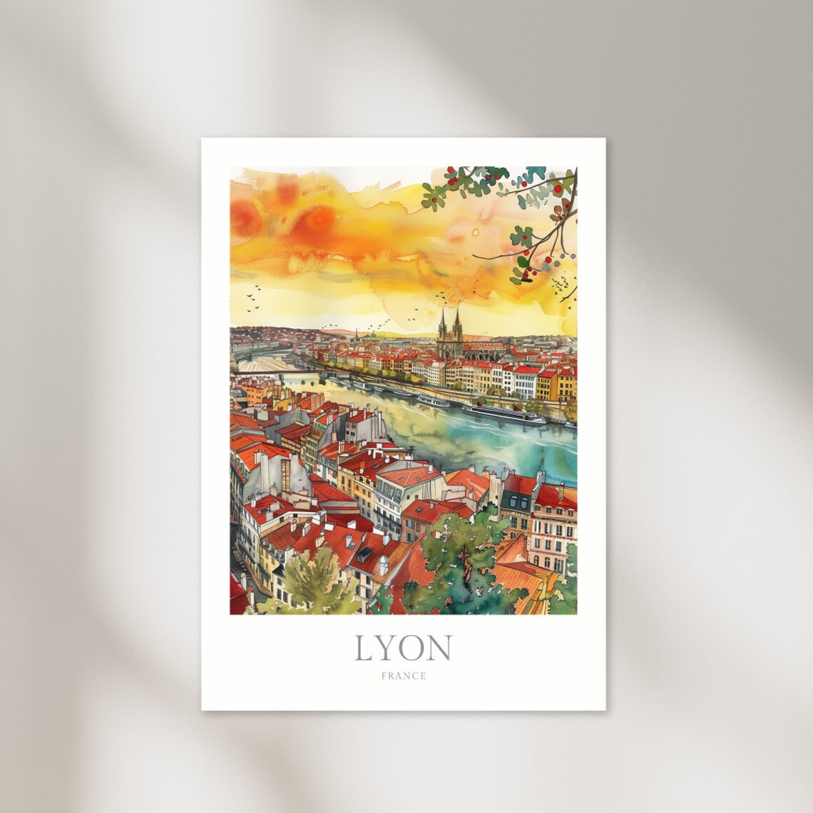 Lyon France Watercolor Travel Poster, City View